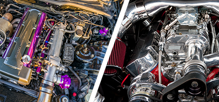 banner image of an engine with turbocharger and an engine with supercharger