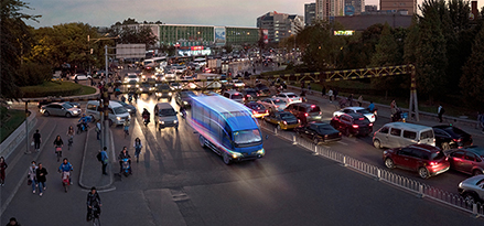 truck with energy viz driving in city