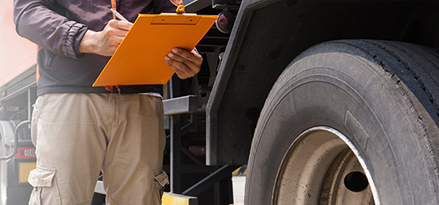 man inspecting trucks and taking notes on a clipboard