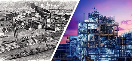 mobil industrial 150 years banner with factories